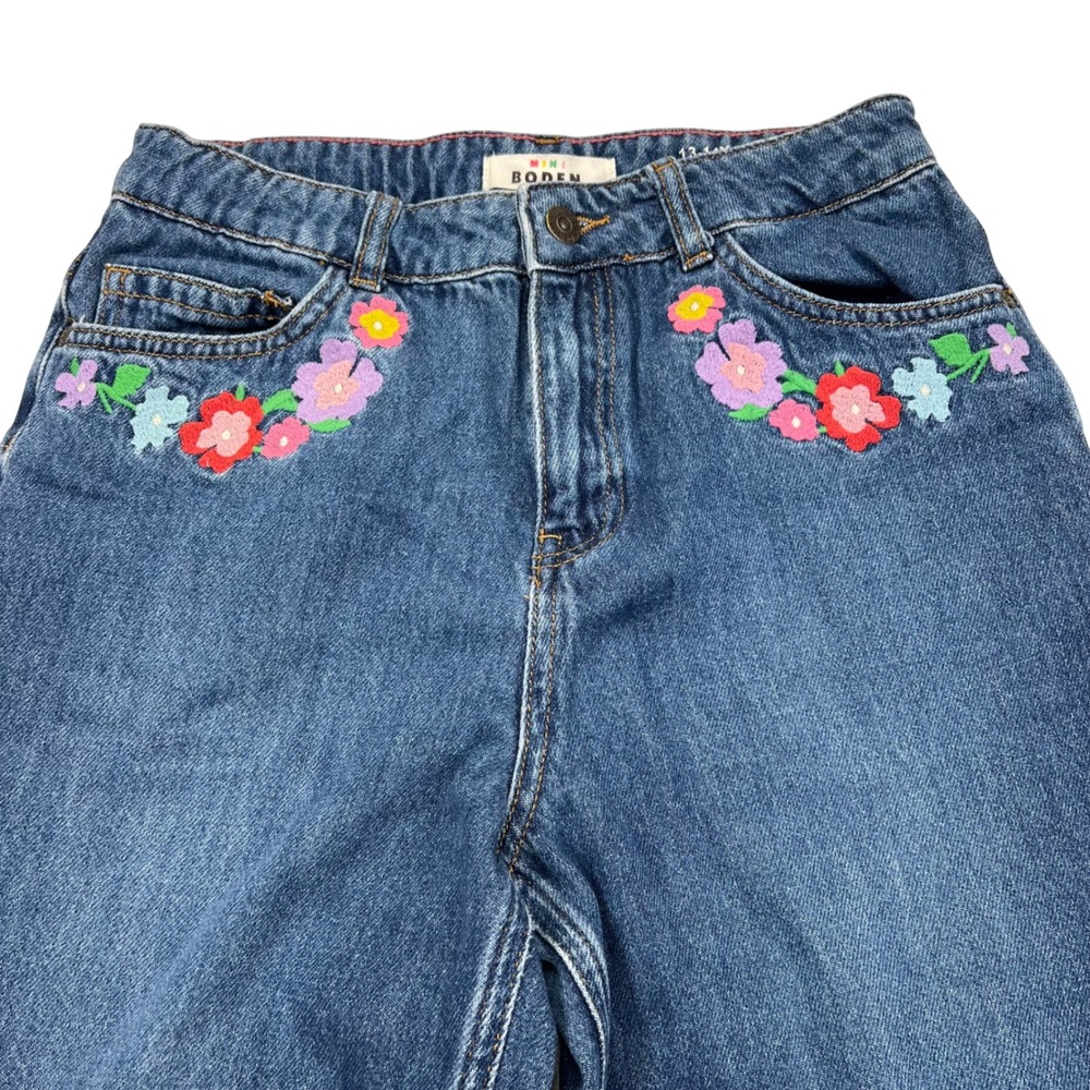 Mini Boden Relaxed Straight Jeans Kids 13-14Y Blue Floral Embroidered Denim